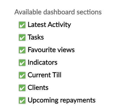 Available dashboard sections internal control